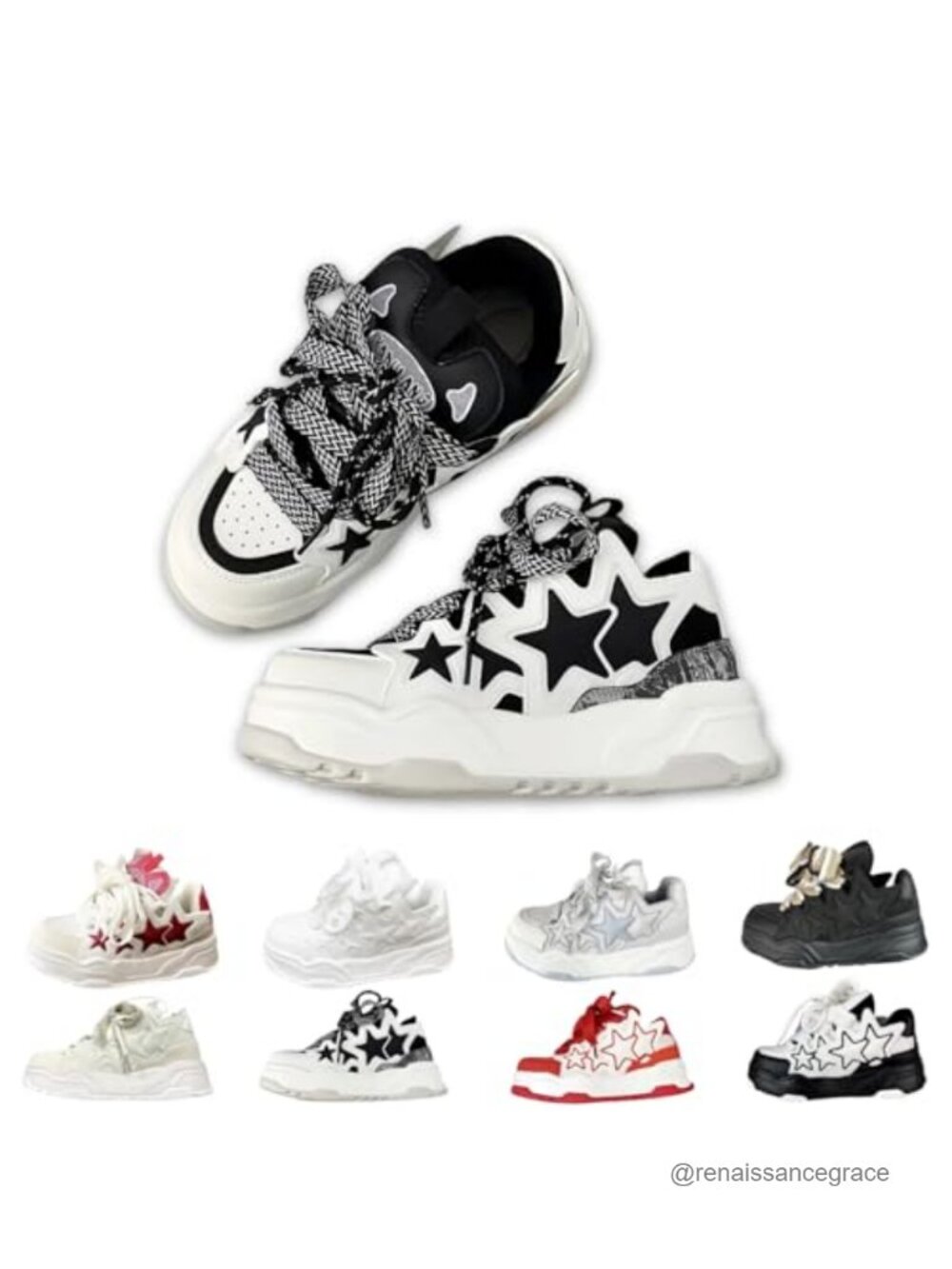 Chunky Sneakers Star Decor Unisex Couples Lace-Up Mesh Upper Platform Thick Sole
